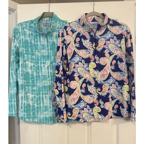 IBKUL Tops~LOT OF 2~Women LG 1/4 Zip Mock Neck Mesh Sleeves Golf Pickleball EUC - Picture 1 of 16